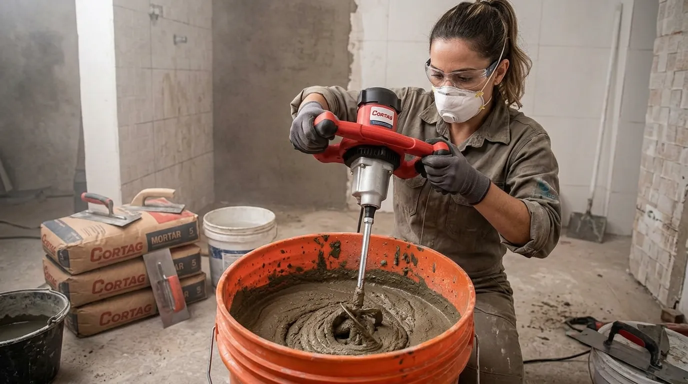 Operador utilizando misturador elétrico em obra