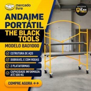 ndaime Portátil de Aço 1.54m x 53cm Com Rodas Dobrável Suporta Até 500kg Com 2 Plataformas Bad1000 The Black Tools